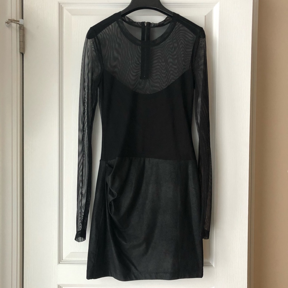 BCBG black sheer & leather dress. XS